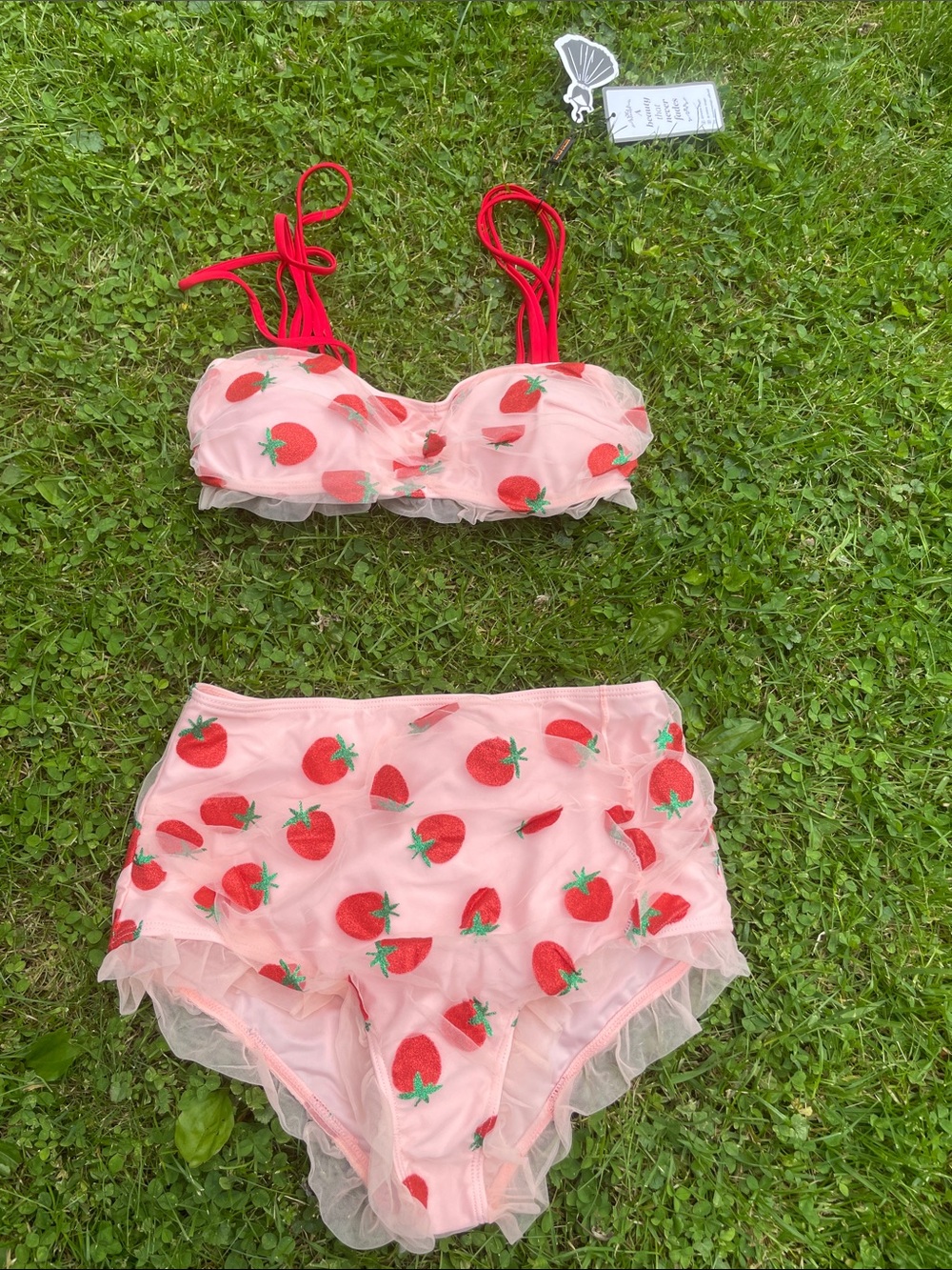 Strawberry Print Pink High-Waist Bikini Set with Red Straps